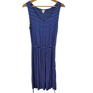 Merona Blue and White Stripe Summer Dress Elastic and Tie Waist Vneck Size Small